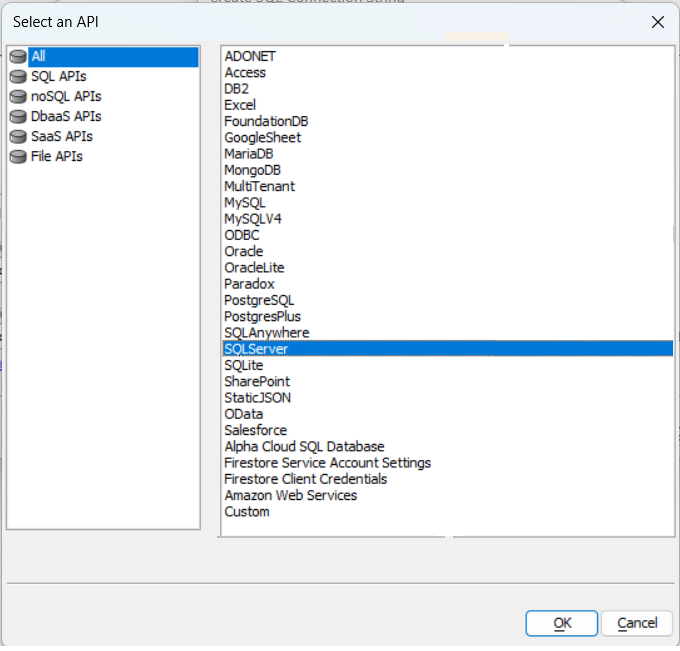 Set the Connection Type to SQLServer.
